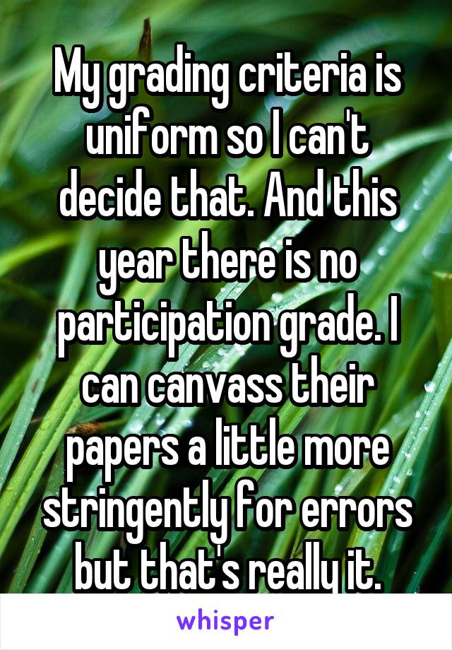 My grading criteria is uniform so I can't decide that. And this year there is no participation grade. I can canvass their papers a little more stringently for errors but that's really it.
