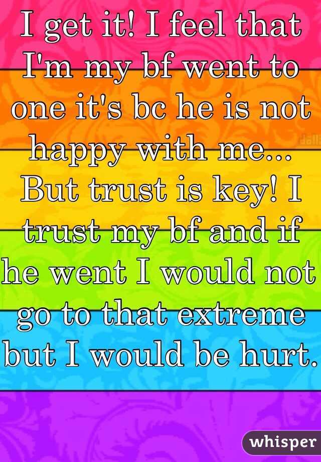 I get it! I feel that I'm my bf went to one it's bc he is not happy with me... But trust is key! I trust my bf and if he went I would not go to that extreme but I would be hurt.