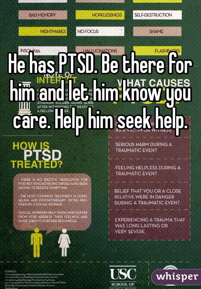 He has PTSD. Be there for him and let him know you care. Help him seek help. 