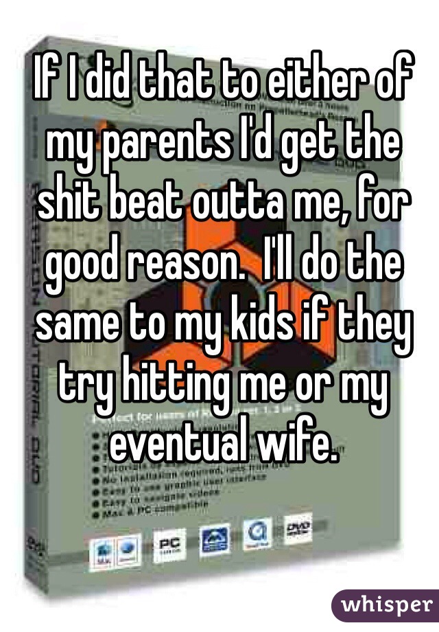 If I did that to either of my parents I'd get the shit beat outta me, for good reason.  I'll do the same to my kids if they try hitting me or my eventual wife. 