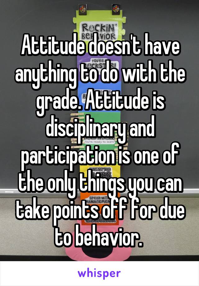 Attitude doesn't have anything to do with the grade. Attitude is disciplinary and participation is one of the only things you can take points off for due to behavior. 