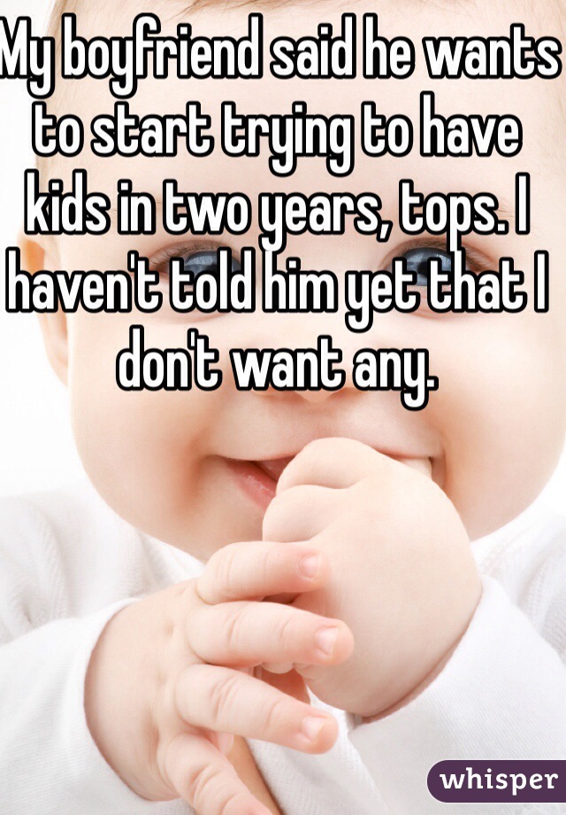 My boyfriend said he wants to start trying to have kids in two years, tops. I haven't told him yet that I don't want any. 