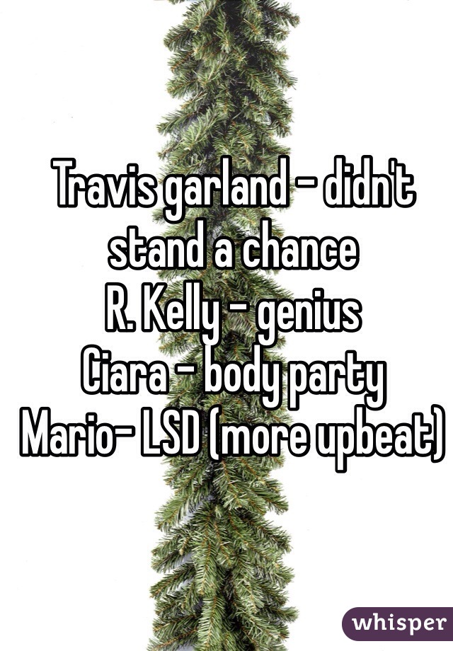 Travis garland - didn't stand a chance
R. Kelly - genius
Ciara - body party
Mario- LSD (more upbeat)