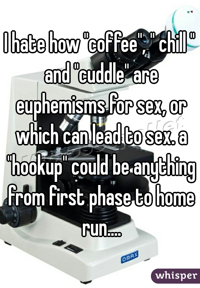 I hate how "coffee", " chill " and "cuddle" are euphemisms for sex, or which can lead to sex. a "hookup" could be anything from first phase to home run....