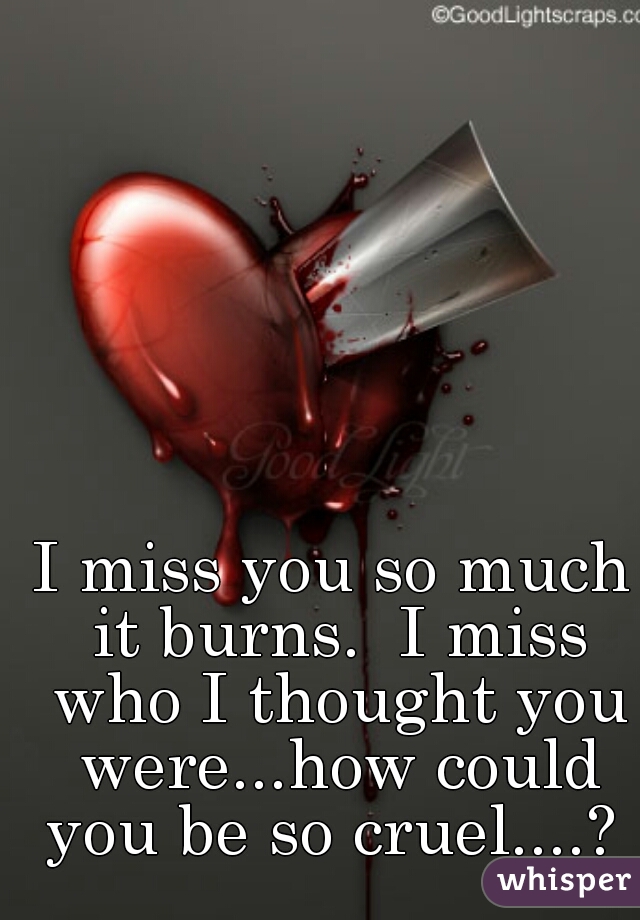 I miss you so much it burns.  I miss who I thought you were...how could you be so cruel....? 