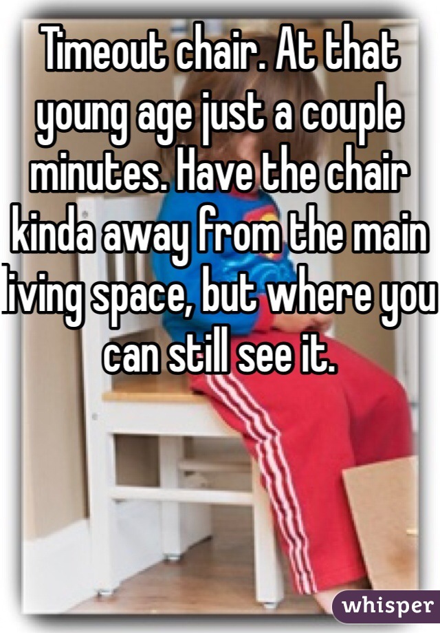 Timeout chair. At that young age just a couple minutes. Have the chair kinda away from the main living space, but where you can still see it.