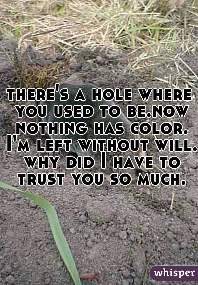 there's a hole where you used to be.now nothing has color. I'm left without will. why did I have to trust you so much.