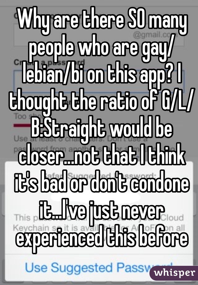 Why are there SO many people who are gay/lebian/bi on this app? I thought the ratio of G/L/B:Straight would be closer...not that I think it's bad or don't condone it...I've just never experienced this before