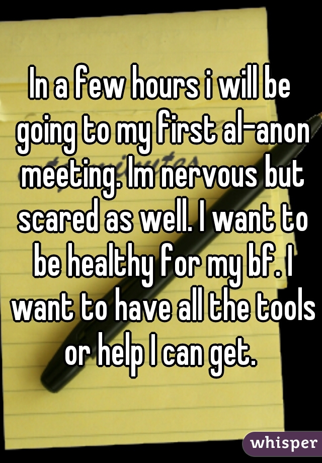 In a few hours i will be going to my first al-anon meeting. Im nervous but scared as well. I want to be healthy for my bf. I want to have all the tools or help I can get. 