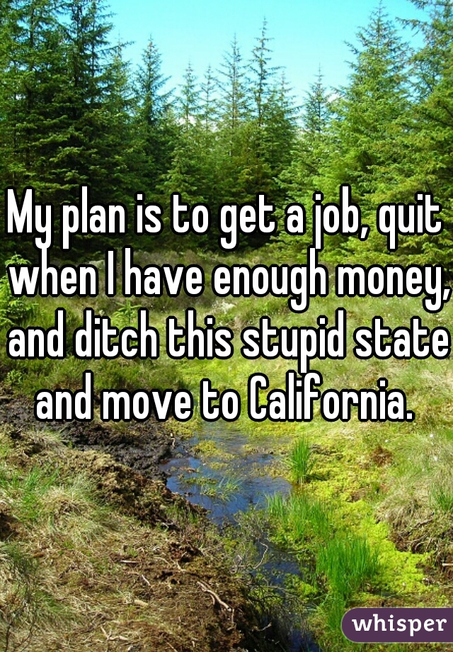 My plan is to get a job, quit when I have enough money, and ditch this stupid state and move to California. 