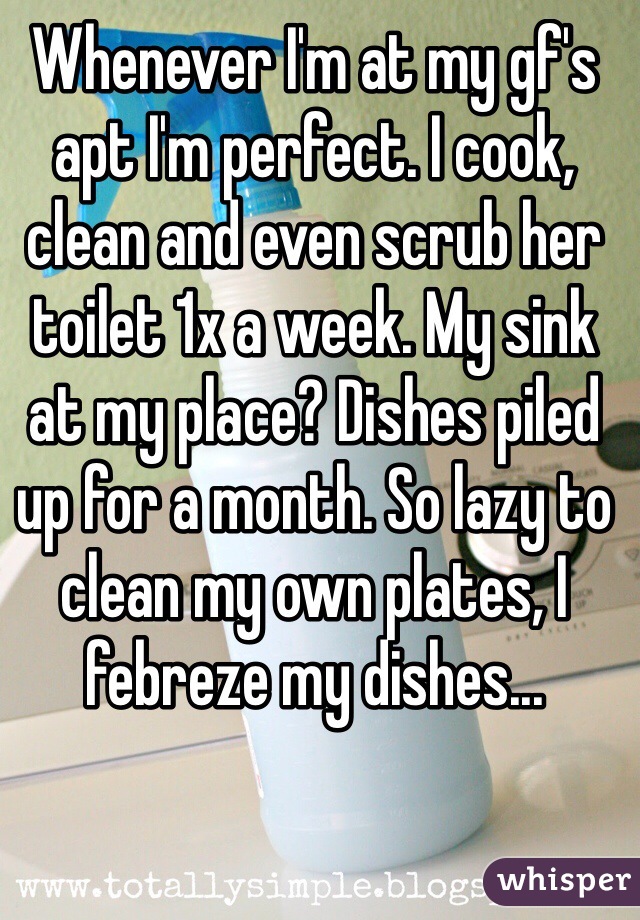 Whenever I'm at my gf's apt I'm perfect. I cook, clean and even scrub her toilet 1x a week. My sink at my place? Dishes piled up for a month. So lazy to clean my own plates, I febreze my dishes...