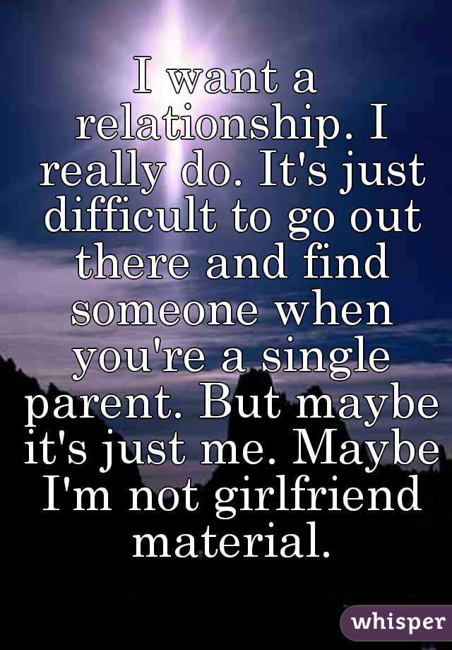 I want a relationship. I really do. It's just difficult to go out there and find someone when you're a single parent. But maybe it's just me. Maybe I'm not girlfriend material.