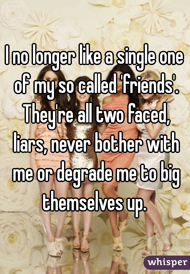 I no longer like a single one of my so called 'friends'. They're all two faced, liars, never bother with me or degrade me to big themselves up. 