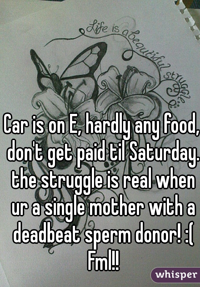 Car is on E, hardly any food, don't get paid til Saturday. the struggle is real when ur a single mother with a deadbeat sperm donor! :( Fml!!