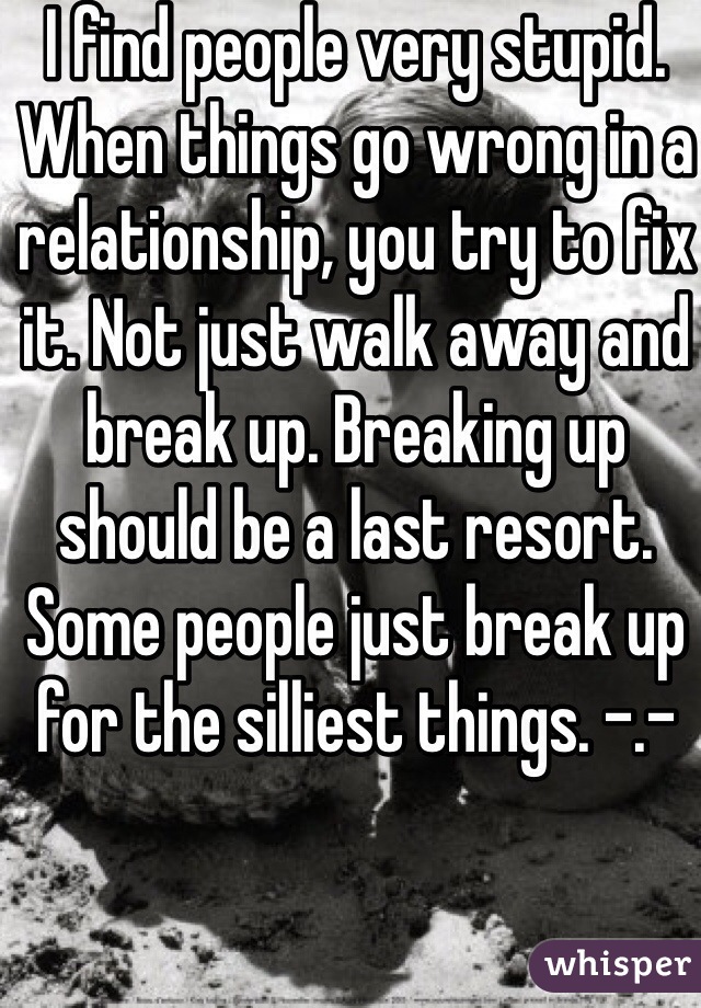 I find people very stupid. When things go wrong in a relationship, you try to fix it. Not just walk away and break up. Breaking up should be a last resort. Some people just break up for the silliest things. -.- 