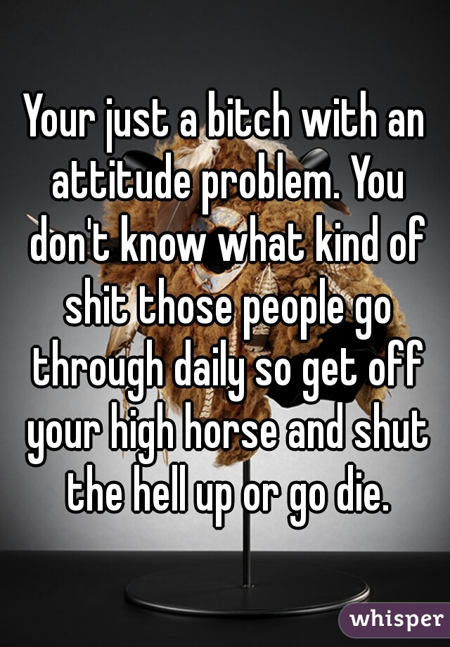 Your just a bitch with an attitude problem. You don't know what kind of shit those people go through daily so get off your high horse and shut the hell up or go die.