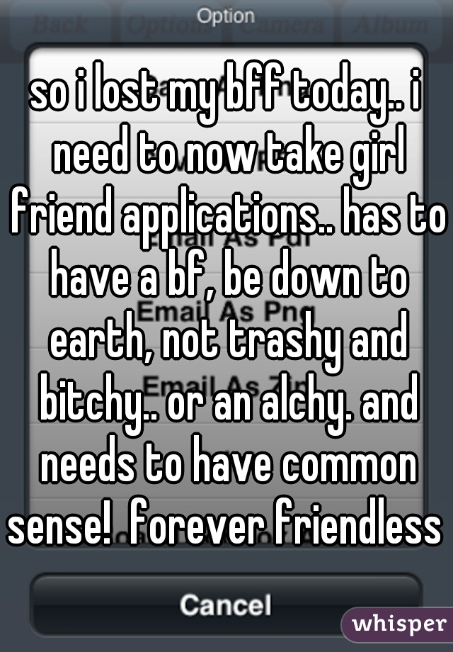 so i lost my bff today.. i need to now take girl friend applications.. has to have a bf, be down to earth, not trashy and bitchy.. or an alchy. and needs to have common sense!  forever friendless  