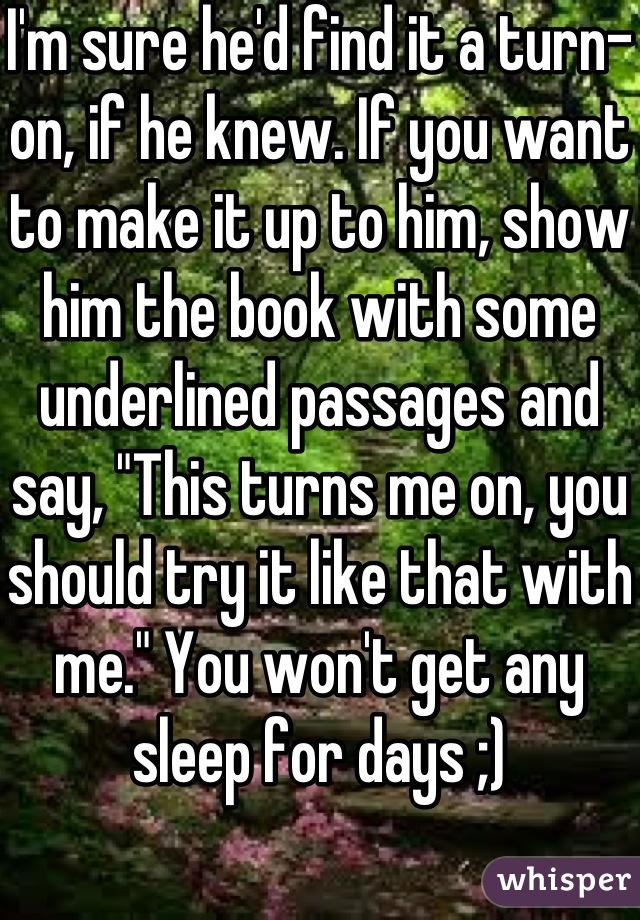 I'm sure he'd find it a turn-on, if he knew. If you want to make it up to him, show him the book with some underlined passages and say, "This turns me on, you should try it like that with me." You won't get any sleep for days ;)