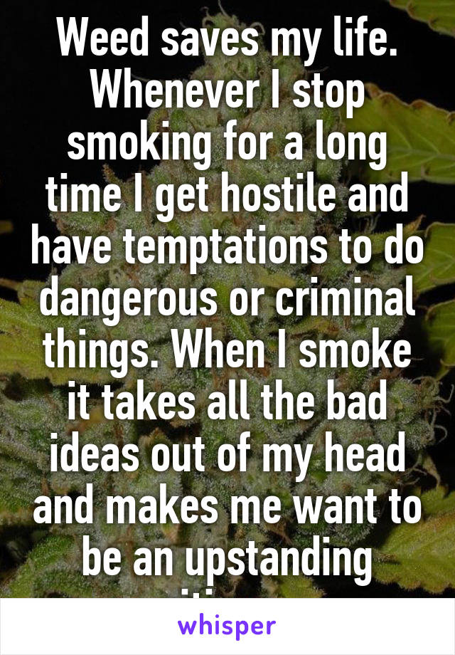Weed saves my life. Whenever I stop smoking for a long time I get hostile and have temptations to do dangerous or criminal things. When I smoke it takes all the bad ideas out of my head and makes me want to be an upstanding citizen. 