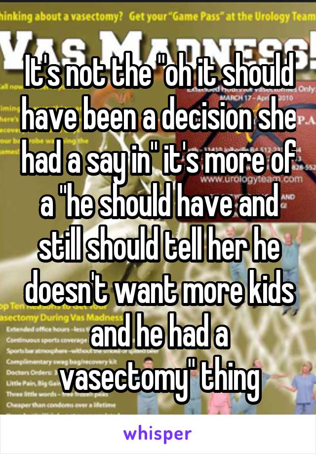 It's not the "oh it should have been a decision she had a say in" it's more of a "he should have and still should tell her he doesn't want more kids and he had a vasectomy" thing