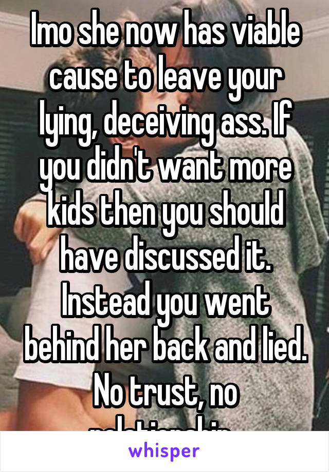 Imo she now has viable cause to leave your lying, deceiving ass. If you didn't want more kids then you should have discussed it. Instead you went behind her back and lied. No trust, no relationship. 