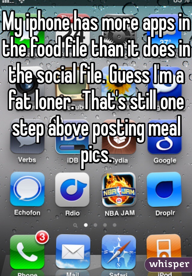 My iphone has more apps in the food file than it does in the social file. Guess I'm a fat loner.  That's still one step above posting meal pics.