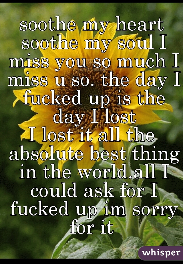 soothe my heart soothe my soul I miss you so much I miss u so. the day I fucked up is the day I lost
I lost it all the absolute best thing in the world.all I could ask for I fucked up im sorry for it 