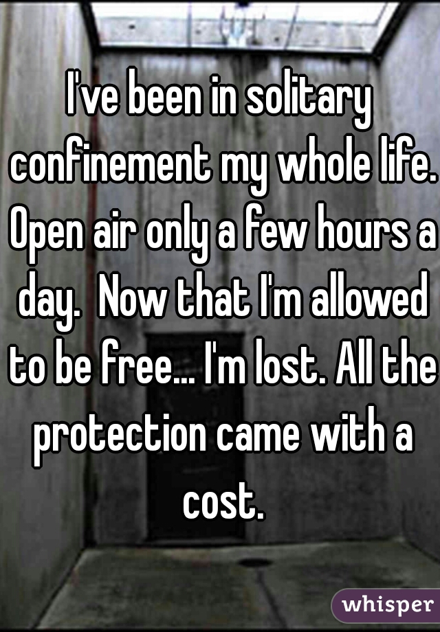 I've been in solitary confinement my whole life. Open air only a few hours a day.  Now that I'm allowed to be free... I'm lost. All the protection came with a cost.