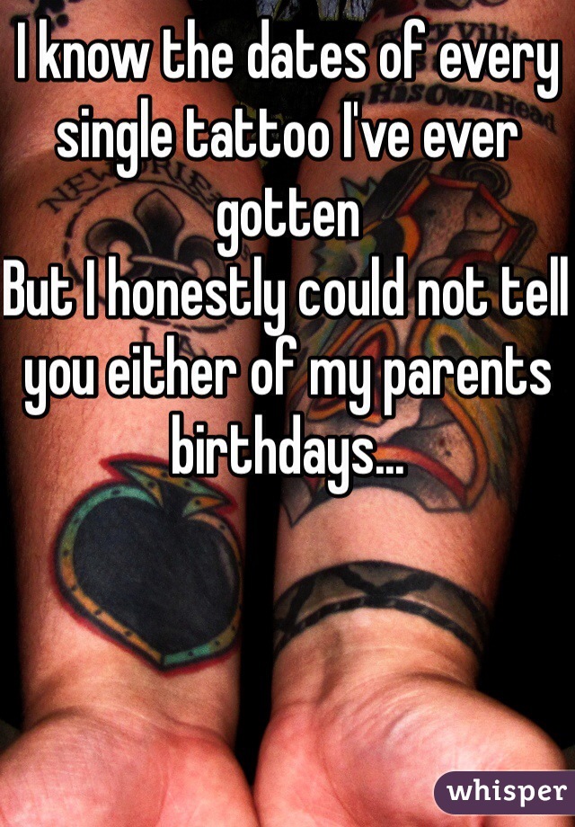 I know the dates of every single tattoo I've ever gotten 
But I honestly could not tell you either of my parents birthdays...