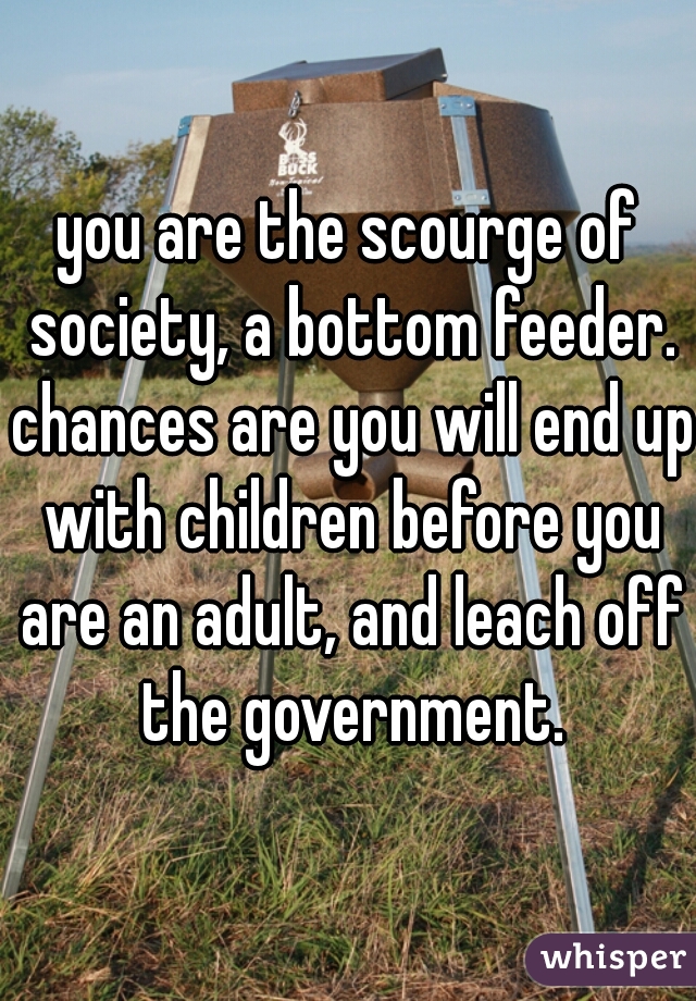 you are the scourge of society, a bottom feeder. chances are you will end up with children before you are an adult, and leach off the government.