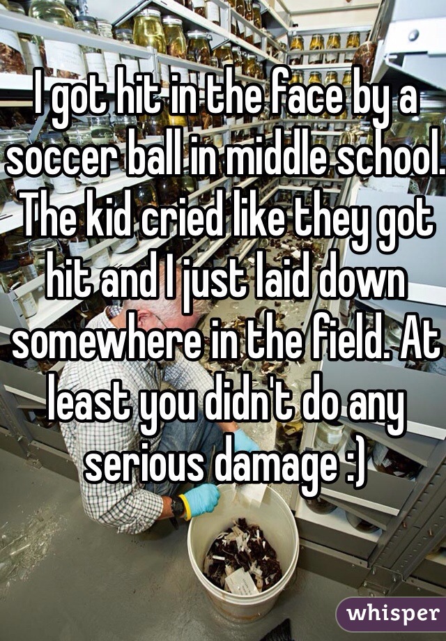 I got hit in the face by a soccer ball in middle school. The kid cried like they got hit and I just laid down somewhere in the field. At least you didn't do any serious damage :)