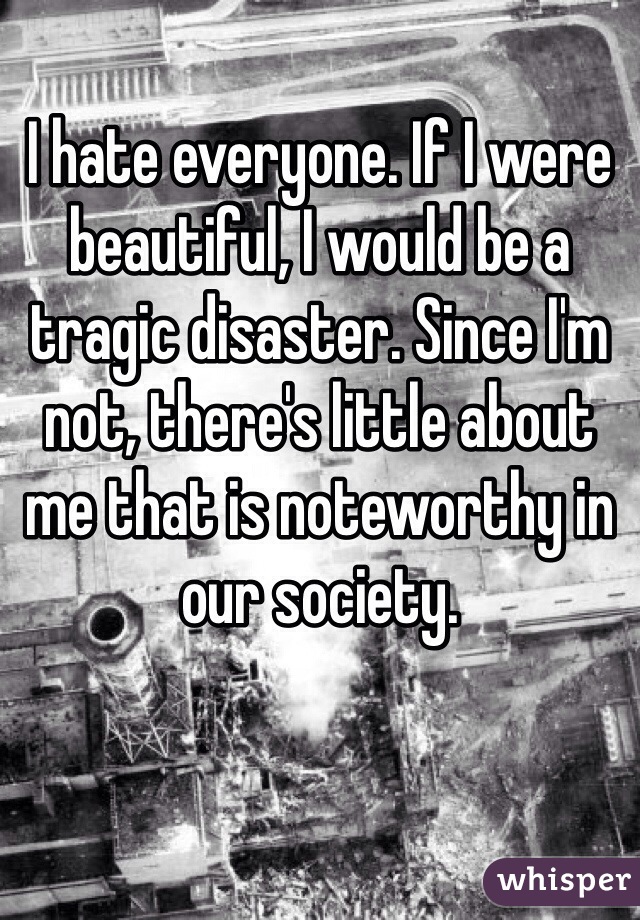 I hate everyone. If I were beautiful, I would be a tragic disaster. Since I'm not, there's little about me that is noteworthy in our society. 