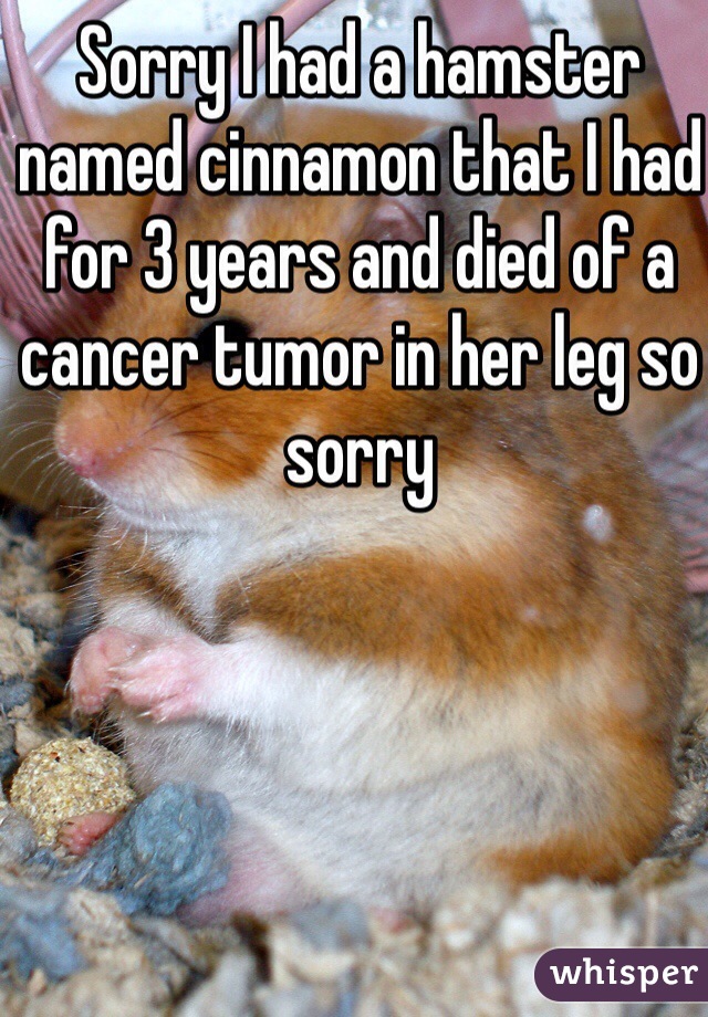 Sorry I had a hamster named cinnamon that I had for 3 years and died of a cancer tumor in her leg so sorry 