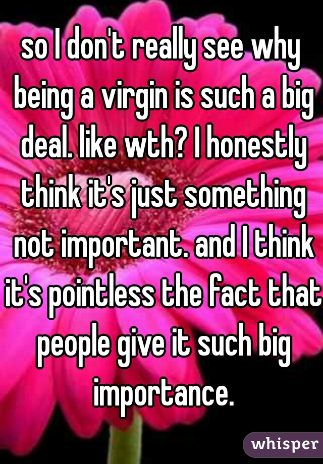 so I don't really see why being a virgin is such a big deal. like wth? I honestly think it's just something not important. and I think it's pointless the fact that people give it such big importance.