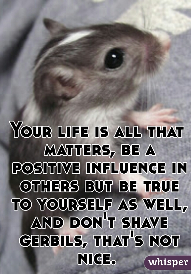 Your life is all that matters, be a positive influence in others but be true to yourself as well, and don't shave gerbils, that's not nice. 