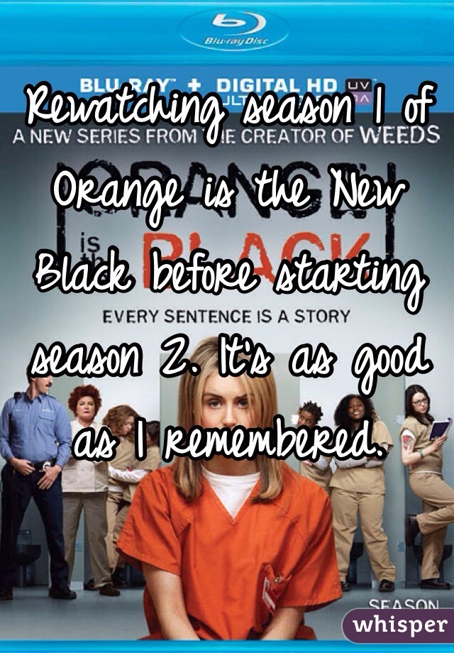 Rewatching season 1 of Orange is the New Black before starting season 2. It's as good as I remembered. 