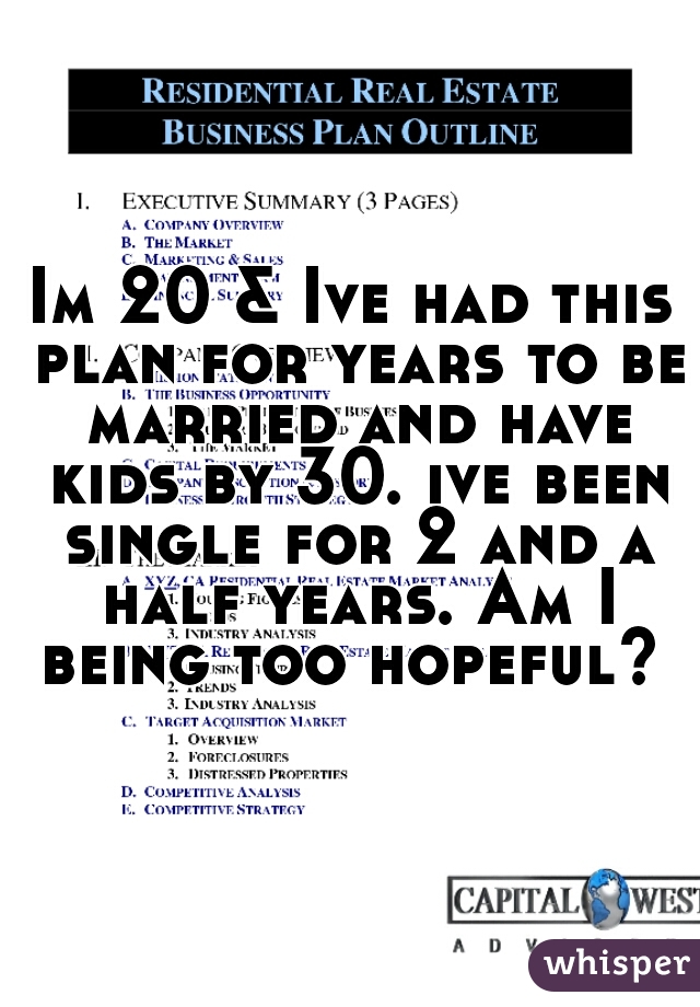 Im 20 & Ive had this plan for years to be married and have kids by 30. ive been single for 2 and a half years. Am I being too hopeful? 