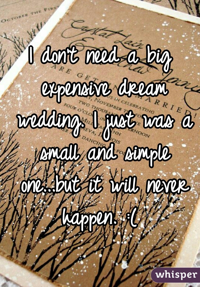 I don't need a big expensive dream wedding. I just was a small and simple one...but it will never happen. :( 