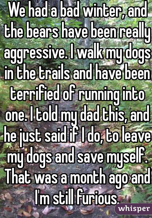 We had a bad winter, and the bears have been really aggressive. I walk my dogs in the trails and have been terrified of running into one. I told my dad this, and he just said if I do, to leave my dogs and save myself. That was a month ago and I'm still furious.