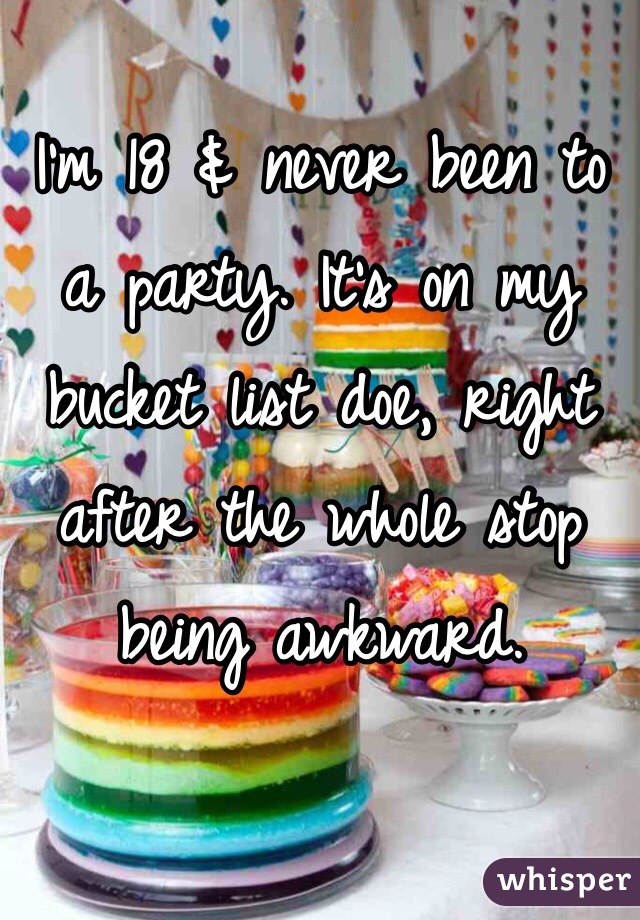 I'm 18 & never been to a party. It's on my bucket list doe, right after the whole stop being awkward. 