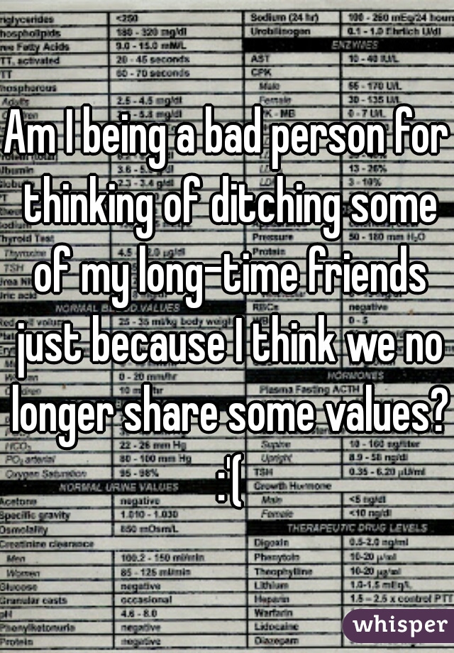 Am I being a bad person for thinking of ditching some of my long-time friends just because I think we no longer share some values? :'(