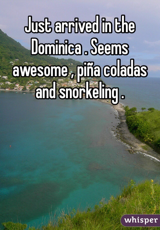 Just arrived in the Dominica . Seems awesome , piña coladas and snorkeling .  