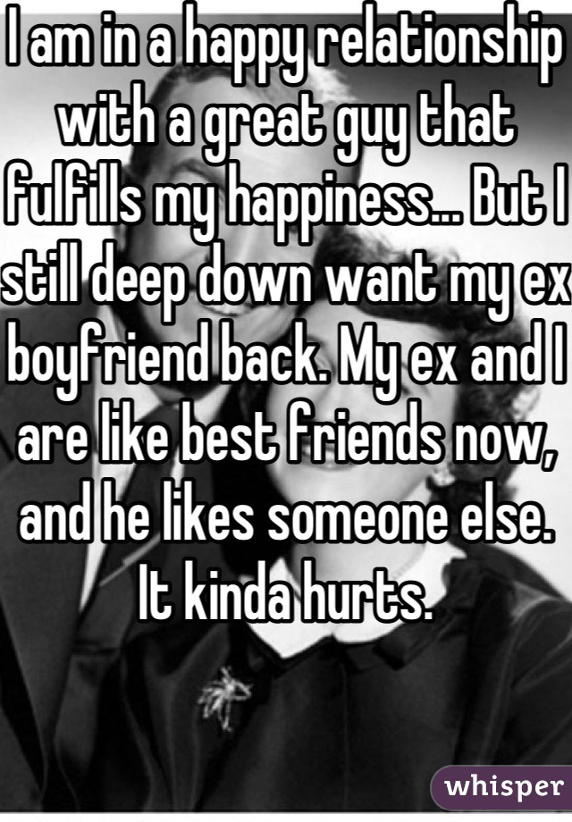 I am in a happy relationship with a great guy that fulfills my happiness... But I still deep down want my ex boyfriend back. My ex and I are like best friends now, and he likes someone else. It kinda hurts.