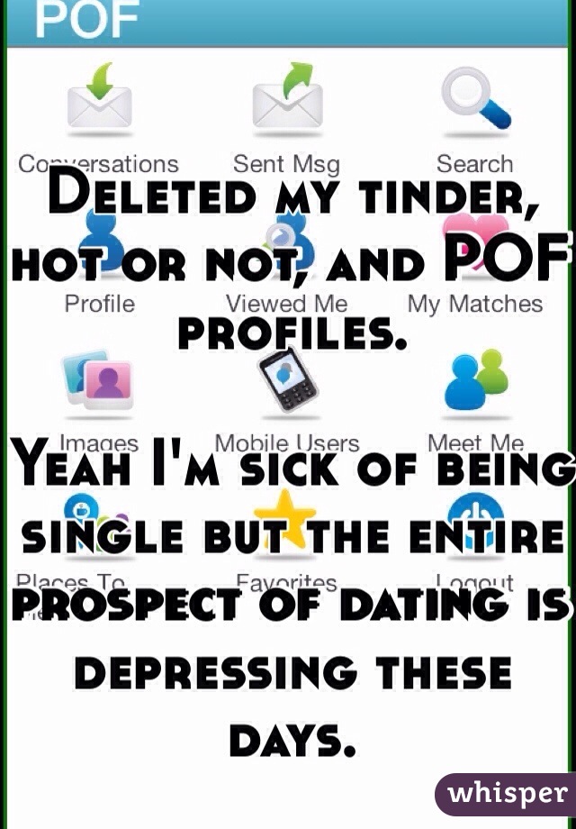 Deleted my tinder, hot or not, and POF profiles.

Yeah I'm sick of being single but the entire prospect of dating is depressing these days.