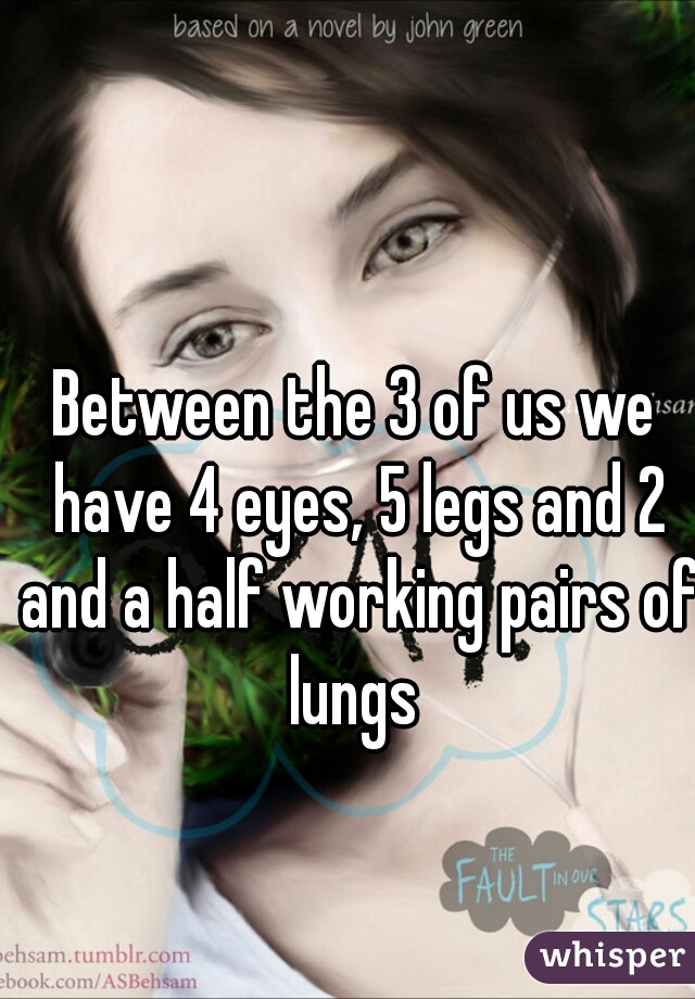 Between the 3 of us we have 4 eyes, 5 legs and 2 and a half working pairs of lungs 