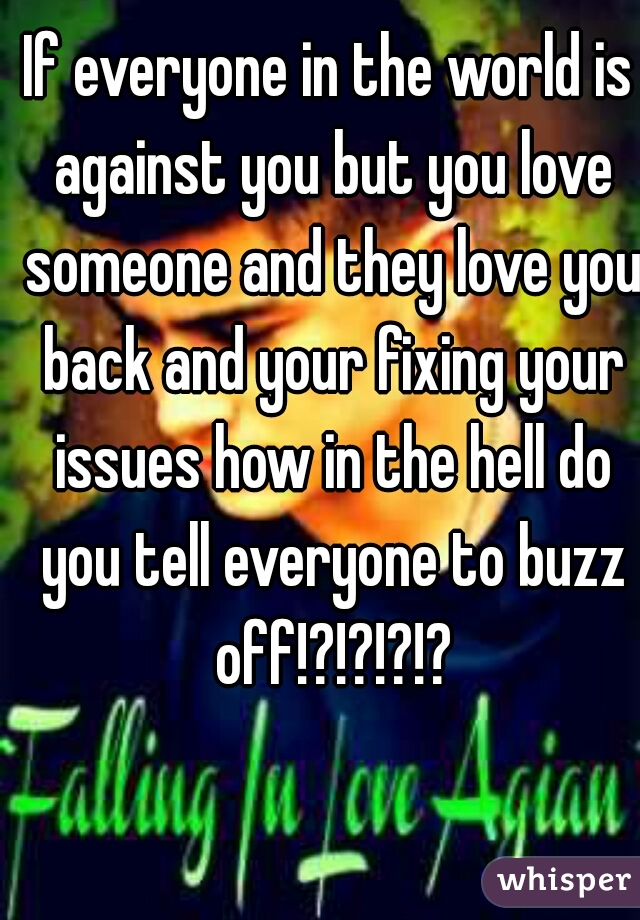 If everyone in the world is against you but you love someone and they love you back and your fixing your issues how in the hell do you tell everyone to buzz off!?!?!?!?