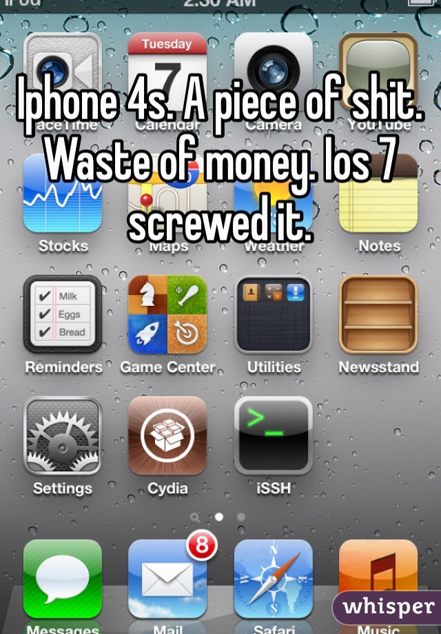 Iphone 4s. A piece of shit. Waste of money. Ios 7 screwed it. 