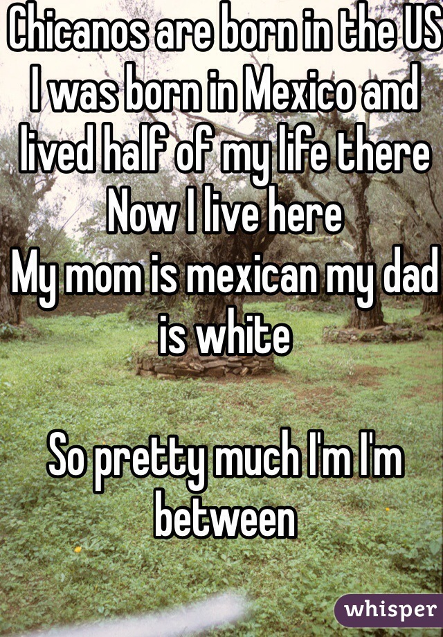 Chicanos are born in the US 
I was born in Mexico and lived half of my life there 
Now I live here 
My mom is mexican my dad is white 

So pretty much I'm I'm between 