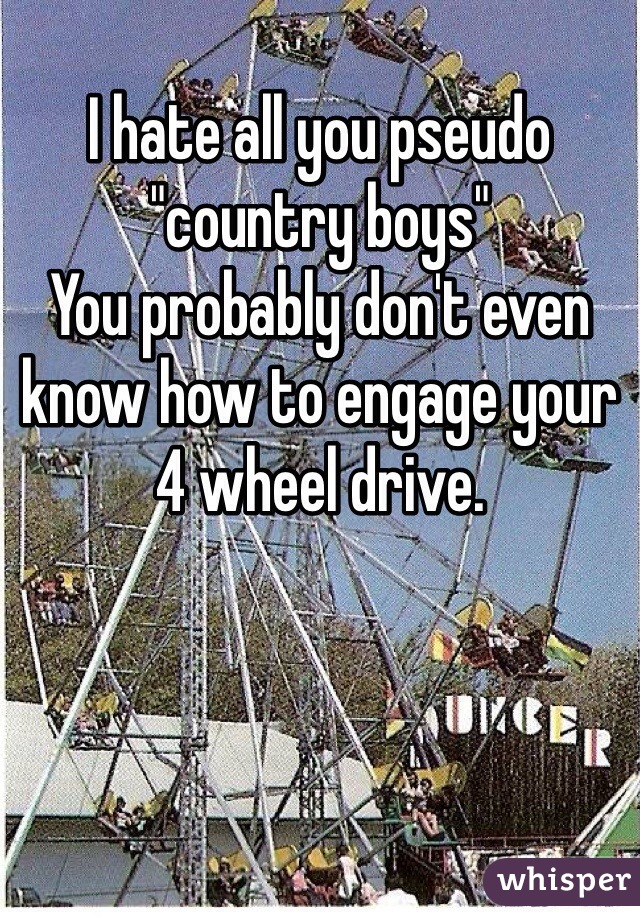 I hate all you pseudo "country boys"
You probably don't even know how to engage your 4 wheel drive.