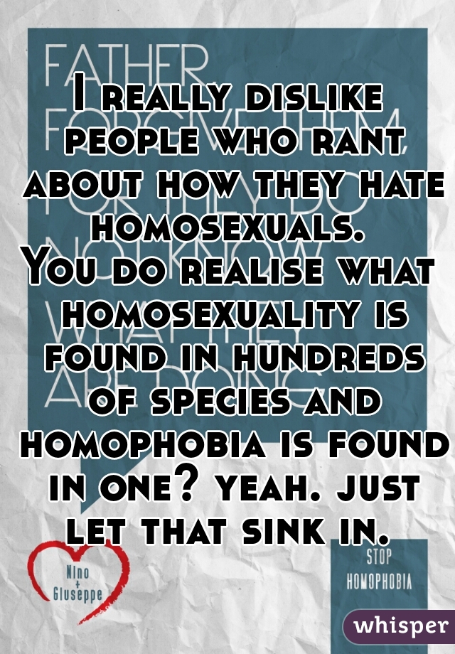 I really dislike people who rant about how they hate homosexuals. 
You do realise what homosexuality is found in hundreds of species and homophobia is found in one? yeah. just let that sink in. 